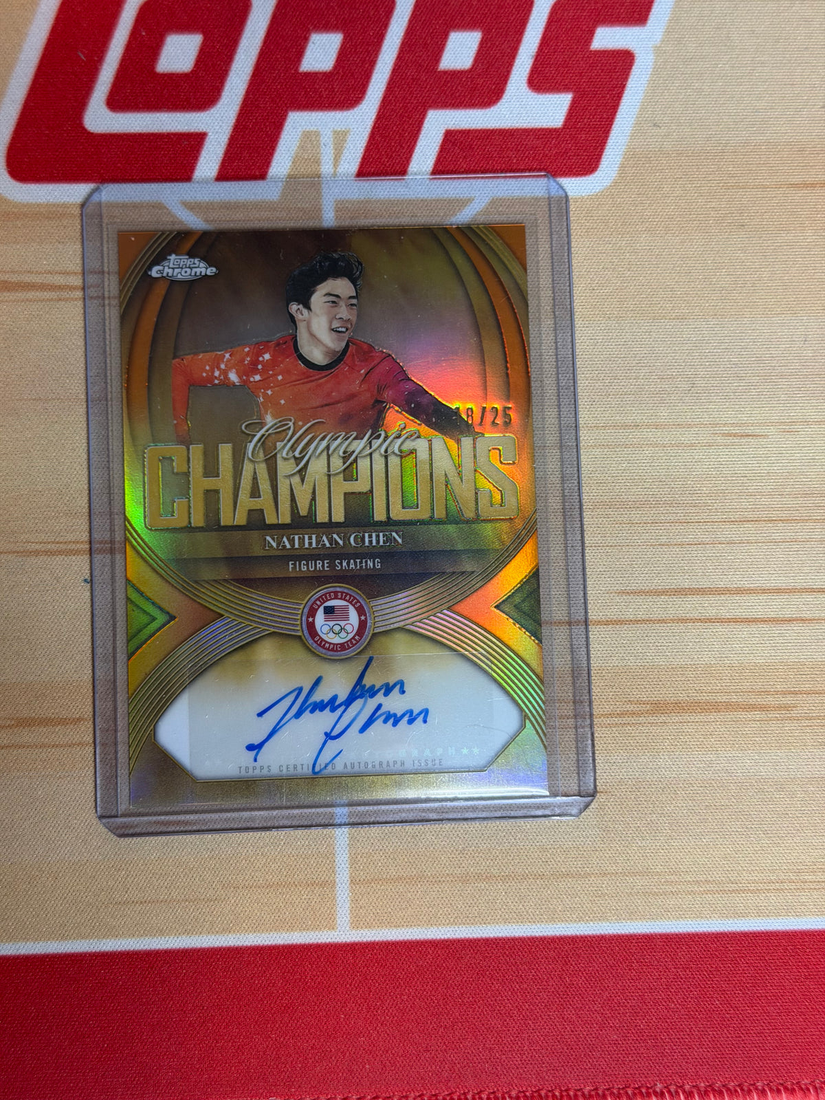 26 TOPPS CHROME OLYMPICS NATHAN CHEN CHAMPIONS ORANGE AUTO 18/25