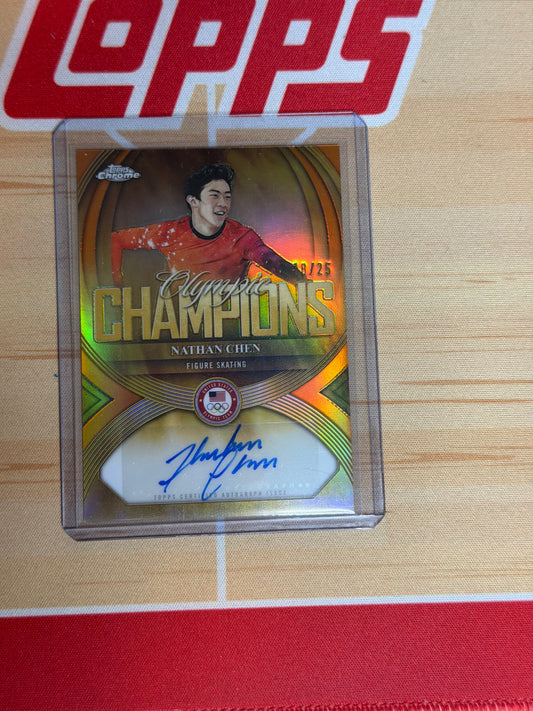 26 TOPPS CHROME OLYMPICS NATHAN CHEN CHAMPIONS ORANGE AUTO 18/25