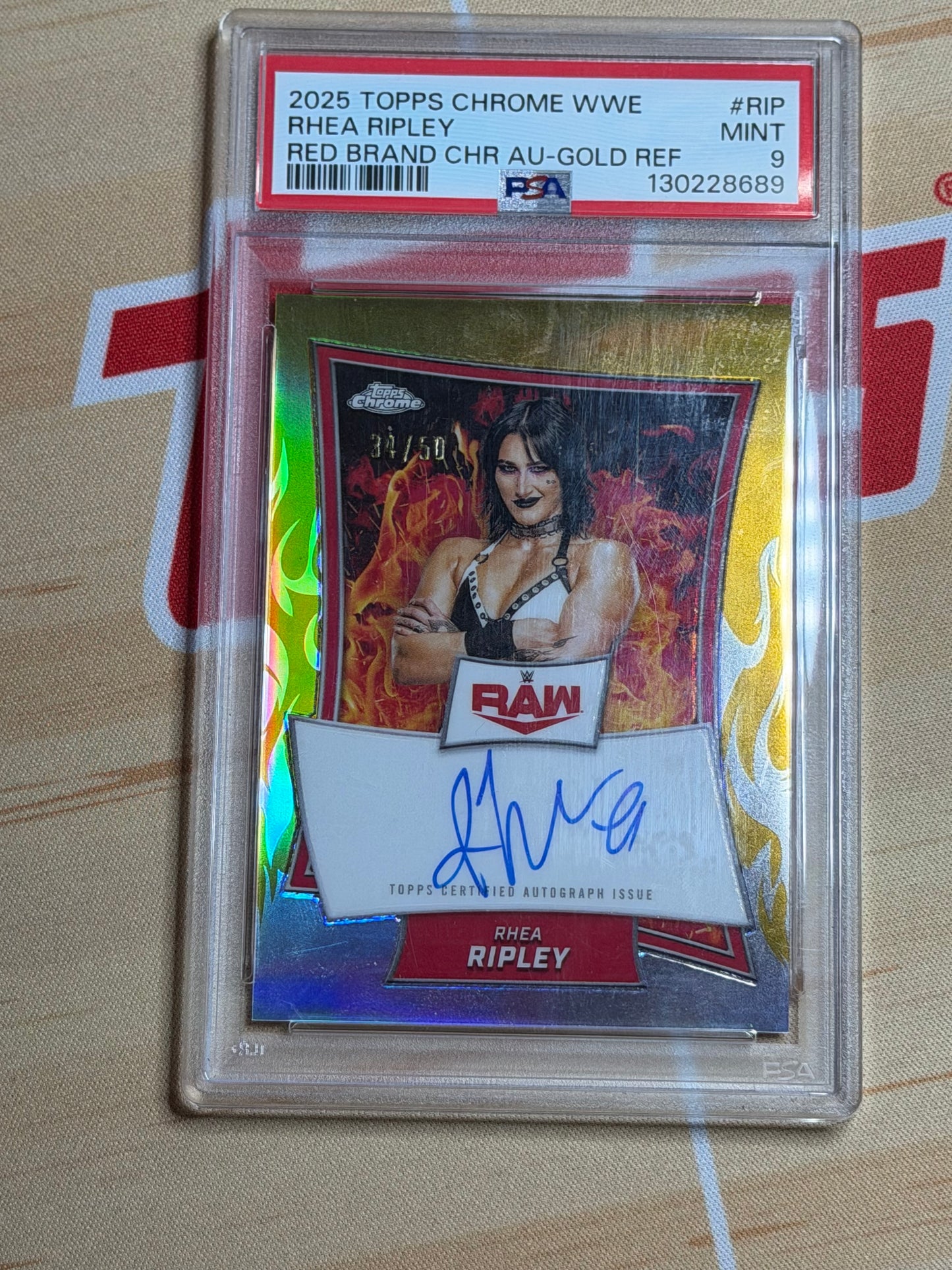 RHEA RIPLEY 2025 TOPPS CHROME WWE RED BRAND GOLD REFRACTOR AUTO PSA 9 34/50