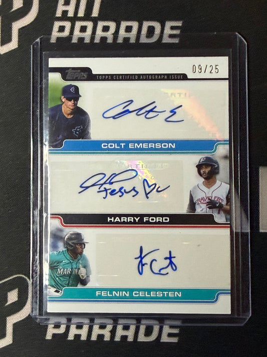 25  TOPPS PRO DEBUT COLT EMERSON / HARRY FORD / FELNIN CELESTEN TRIPLE AUTO 09/25