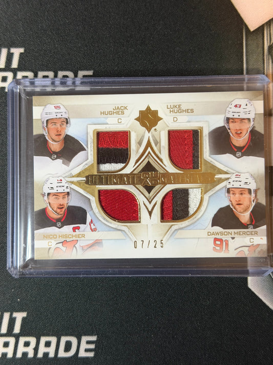 23-24 ULTIMATE COLLECTION QUAD PATCH NEW JERSEY DEVILS J.HUGHES | L.HUGHES | HISCHIER | MERCER