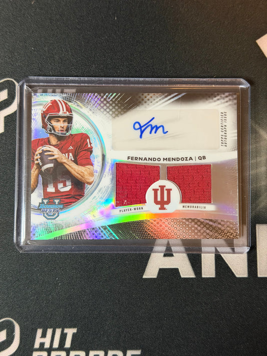 25 BOWMAN BEST U FOOTBALL FERNANDO MENDOZA DUAL RELIC AUTOGRAPH REFRACTOR