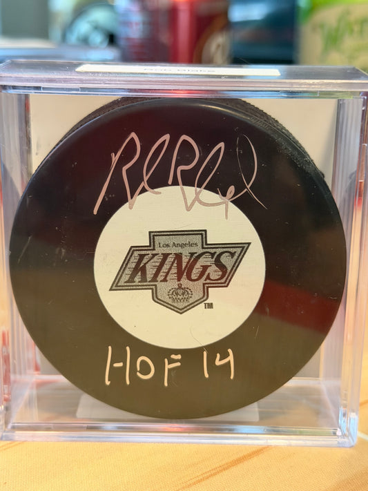 ROB BLAKE AUTOGRAPH INSCRIBED LOS ANGELES KINGS VINTAGE HOCKEY PUCK IN CASE COJO COA
