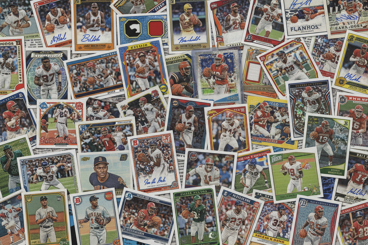 collage of sports trading cards from the last 75 years across all brands